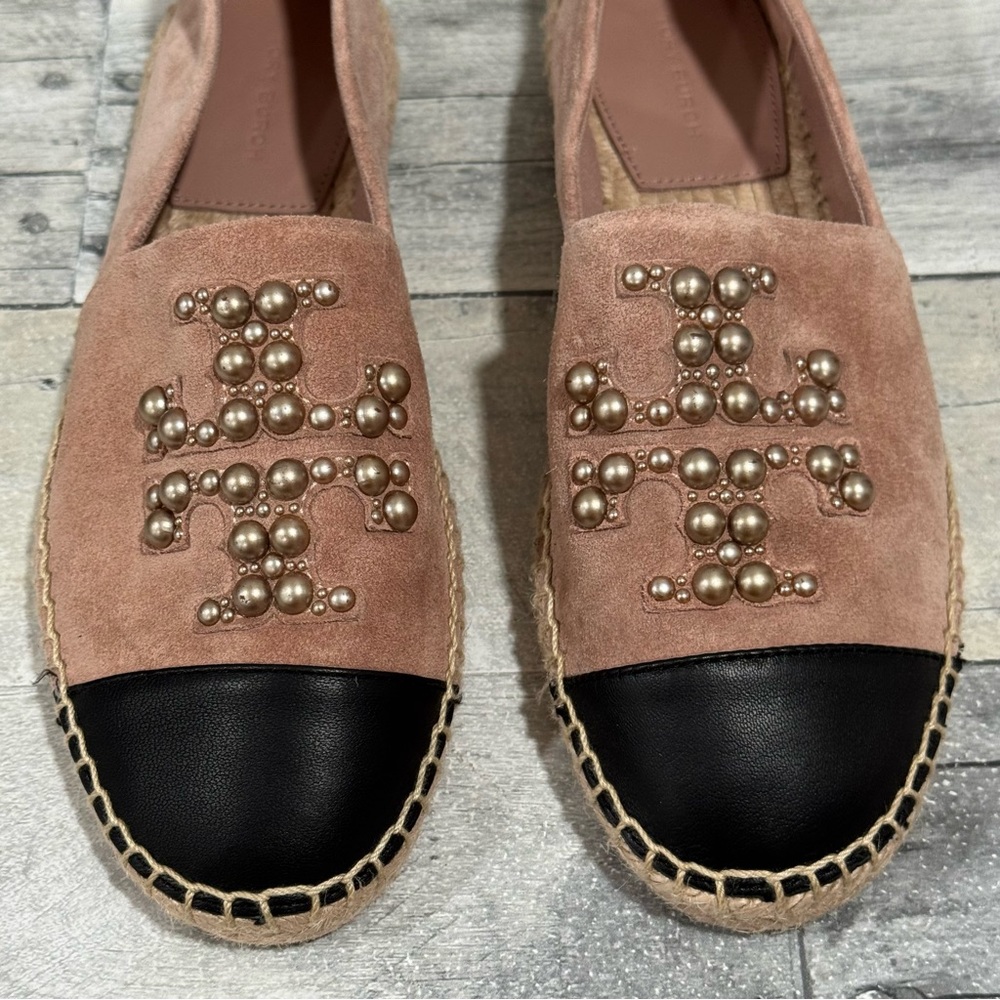 TORY BURCH PEARL LOGO SUEDE FLAT ESPADRILLES CAP TOE IN MEADOW SWEET - SZ - 7 - Picture 6 of 10